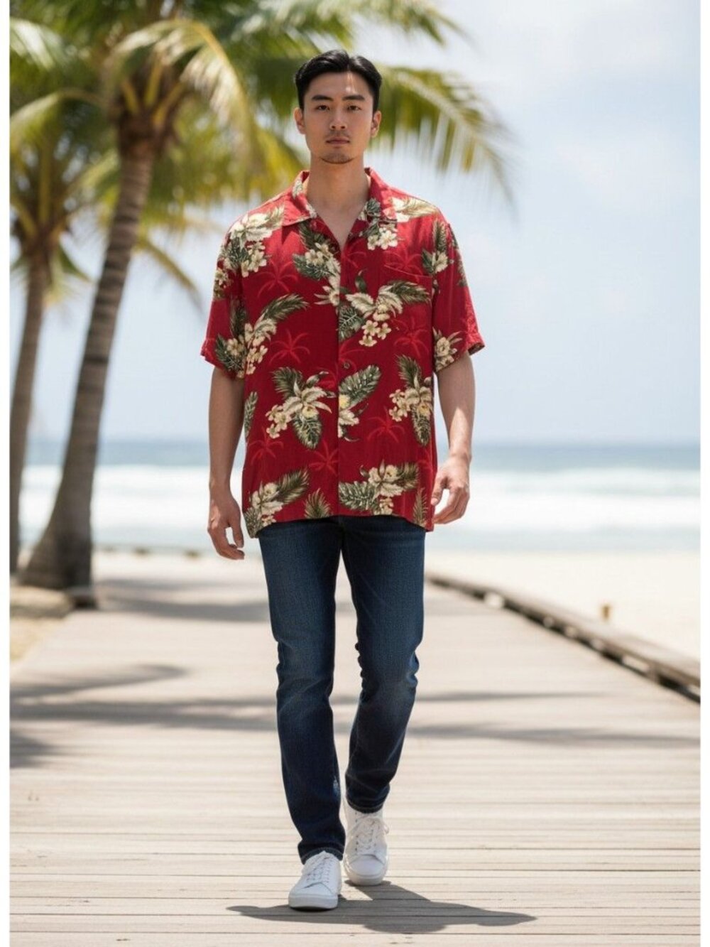 Sunny Island Hawaiian Red Tropical Floral Button-Up Mens L Rayon Casual Beachwea